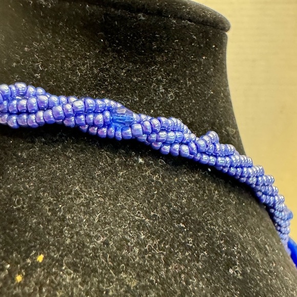 Art Glass Blue Hand Blown Glass Pendant With Seed Bead Multi-Strand Necklace - Picture 10 of 16